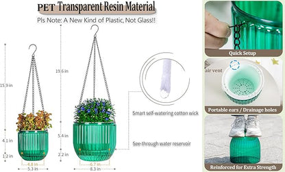 Melphoe 2 Pack Self Watering Hanging Planters Indoor Flower Pots, 5.3/8.3 Inch Outdoor Hanging Basket, Plant Hanger with 3Hooks Drainage Holes for Garden Home (Emerald)
