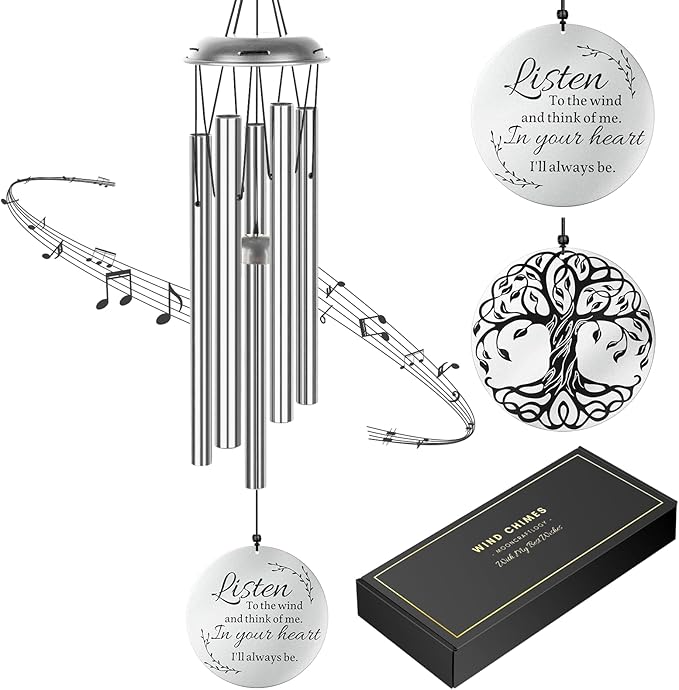 Sympathy Wind Chimes for Loss of Loved One, Memorial Windchimes for Lost Father Mother, Remembrance Bereavement Gift, in Memory of Dad Mom Metal Funeral Decor for Garden Outdoor (39“ Silver)