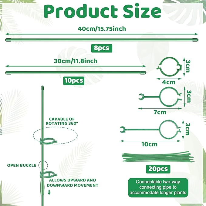 18Pcs Plant Stakes,16inch & 12inch Adjustable Plant Support Stake Plant Sticks for Indoor Outdoor Green Poles with Rings Clips & Ties for Potted Plants Monstera Tomato Orchid Flower