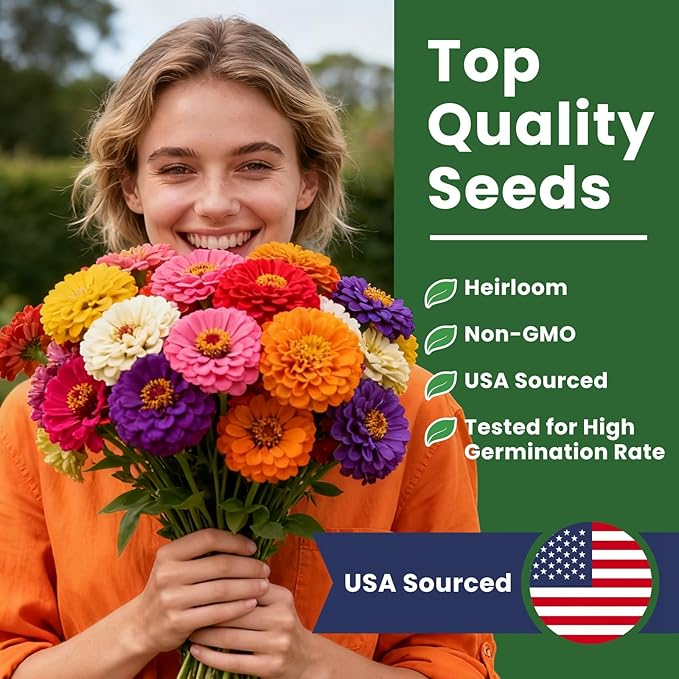 1000+ Zinnia Seeds Flower Seeds for 2026 Planting, 0.35 Oz, 5 Varieties (Pink, Yellow, Orange, White, Purple), 10G Mixed Colors and Large Blooms, Open Pollinated - Bulk (0.35 Ounce Pouch)
