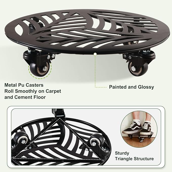 2 Packs Large Metal Plant Caddy with Wheels 14 Inches Heavy-Duty Wrought Iron Rolling Plant Stands with Casters Indoor and Outdoor Plant Pot Roller Base Plant Saucer Movers Black