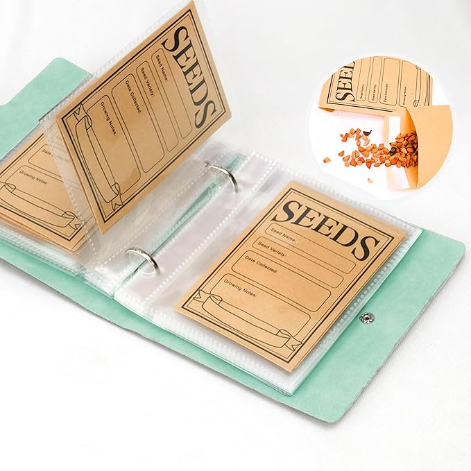 Seed Storage Organizer, 50 Pockets Seed Sleeves Binder with Envelopes Garden Seed Organizer Storage,Seed Packet Organizer Seed Collecting Template for Vegetable (Green, 3.5" x 5.12"- Pocket)