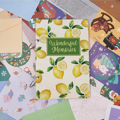 SUPERDANT Wonderful Memories Greeting Card Organizer Planning Book Binder Card Keeper Birthday Cards Holder Lemon Wooden Keeper Binder Photo Album 2-Rings Cover with Punch and 20pcs Inner Pockets