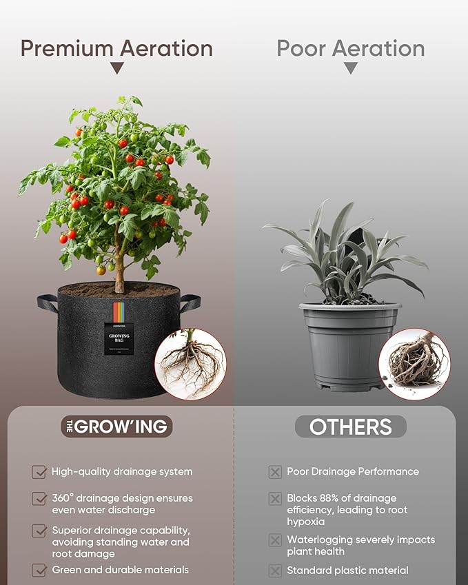 The Growing 5 Pack 1 Gallon Fabric Grow Bags，Thickened Aeration Nonwoven Fabric Plant Pots with Durable Handles,Heavy Duty 300G Planter Pot for Tomato, Fruits, Vegetables and Flowers, Black