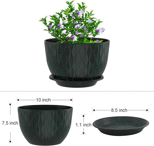 10 inch Large Plant Pots, Flower Pots with Multi-Mesh Drainage Holes and Saucer, Plastic Planters for Indoor and Outdoor Garden Plants (Black with Green Speckles, 10")