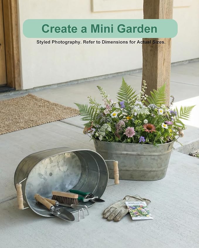 vensovo Galvanized Metal Oval Planter Buckets with Handles – Set of 3 Rustic Farmhouse Flower Tubs with Drain Holes & Plugs, Vintage Small Pots for Herbs, Succulents, Wedding or Tabletop Decor
