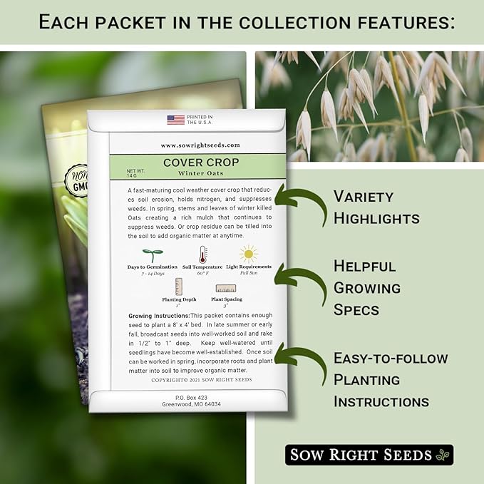 Sow Right Seeds - Cover Crop Collection for Planting - 9 Packets of Popular and Hardy Cover Crops - Suppresses Weeds, Improves Soil, Helps with Erosion - Non-GMO Heirloom Packet to Grow - Great Gift