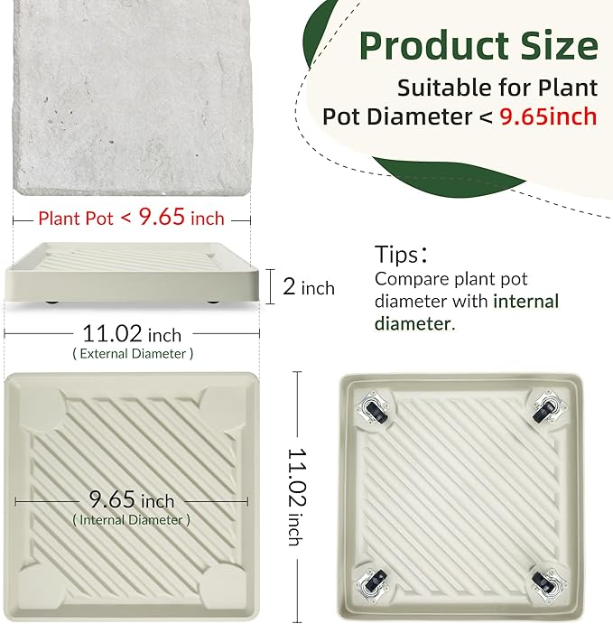 2PCS Square Plant Caddy with Hidden Wheels, Heavy Duty Rolling Plant Stand Caddy with Wheels, Pot Base for Indoor Outdoor, Beige, 11 inches