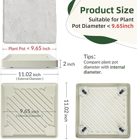 2PCS Square Plant Caddy with Hidden Wheels, Heavy Duty Rolling Plant Stand Caddy with Wheels, Pot Base for Indoor Outdoor, Beige, 11 inches