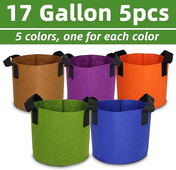 Grow Bags,Growing Pot Bags Garden Grow Bag Indoor Outdoor Fabric Aeration Plant Pot Container Flower Vegetable Pouch (Mixed 5colors,17Gallon)