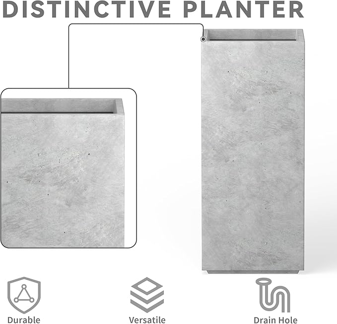 Kante 23.6" H Tall Rectangular Concrete Planter, Modern Square Diameter Plant Pot with Drainage Hole and Rubber Plug for Indoor Outdoor Home Patio Garden, Natural Concrete