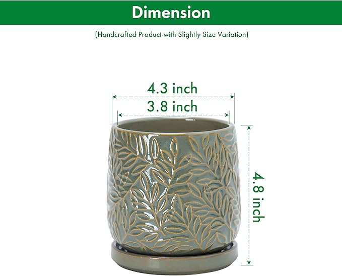 D'vine Dev 4 Inch Embossed Leaves Stoneware Planter Pot with Drainage Hole and Saucer, Olive, 27-A-Z-0
