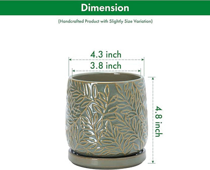 D'vine Dev 4 Inch Embossed Leaves Stoneware Planter Pot with Drainage Hole and Saucer, Olive, 27-A-Z-0