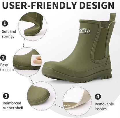 NITTI Women's Waterproof Short Rain Boots Slip-Resistant Rubber Chelsea Garden Shoes with Comfort Insole
