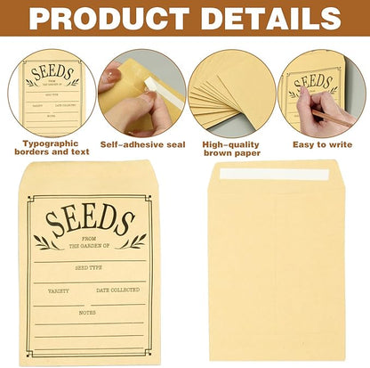 200Pcs Seed Envelopes, Seed Envelope Resealable Small Packets Brown Paper Seeds Envelopes with Printing, 3.1x4.7 Inch for Collection Flowers Seeds