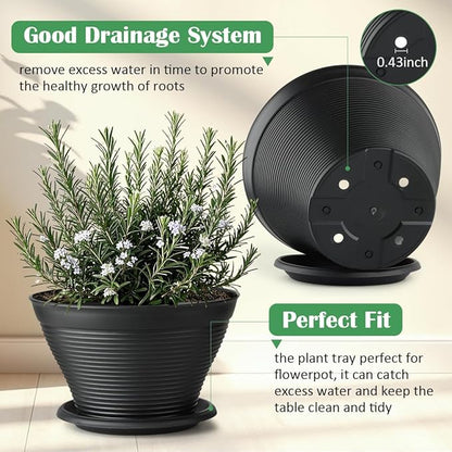 4 Pack 12 Inch Plant Pots with Saucers, Plastic Flower Pots with Drainage Holes, Large Planters for Indoor Outdoor Garden, House Plants, Flowers, Herbs, Gardening Gifts, Black