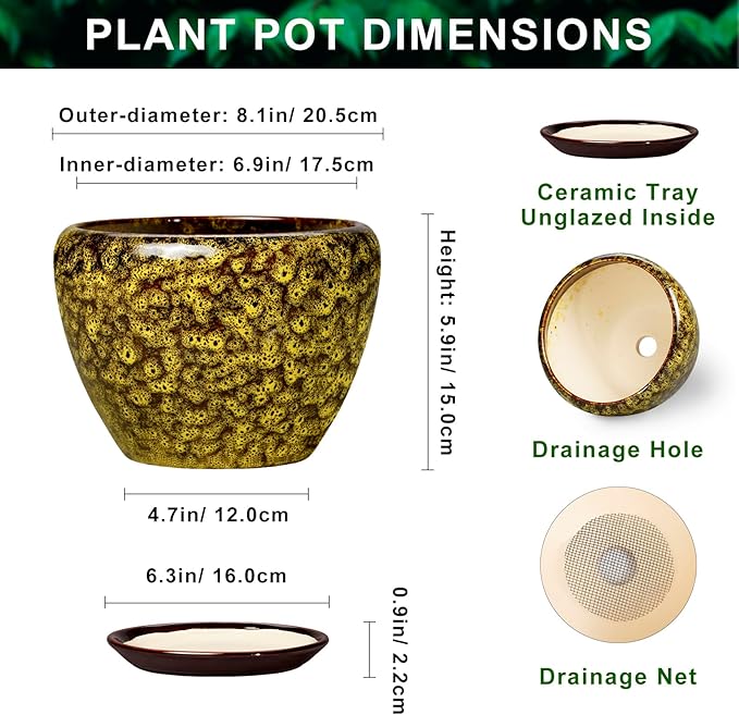 8 Inch Flower Pot - Ceramic Planters for Indoor Outdoor Plants, Round Plant Pot with Drainage Hole and Saucer, Decorative Indoor Planter, Bathroom Decor, House Warming Gifts, Yellow Leopard