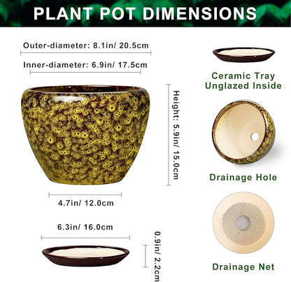 8 Inch Flower Pot - Ceramic Planters for Indoor Outdoor Plants, Round Plant Pot with Drainage Hole and Saucer, Decorative Indoor Planter, Bathroom Decor, House Warming Gifts, Yellow Leopard
