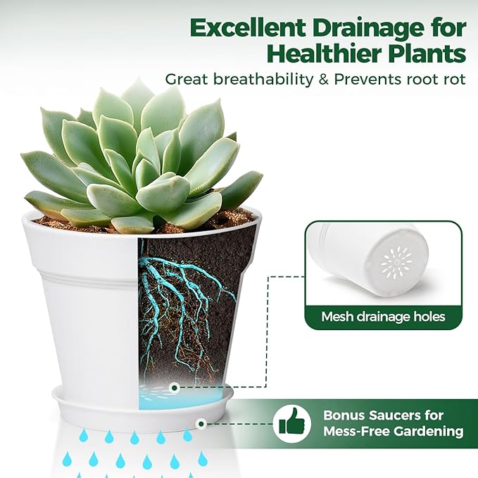 T4U 7.5 Inch Plant Pots 6 Pcs, Flower Pots for Plants, Plastic Planter Pots for Indoor Plants with Drainage Holes and Saucer (6 Pcs, 7.5", White)