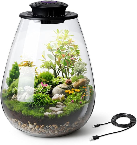 Desktop Glass Terrarium with Grow Light, 6.7 x 8.7 Inches, Mini Borosilicate Glass Plant for Succulent Moss Miniature Gardening Landscape, Small Fish Tank, Indoor Plant Growth, Empty Bottle