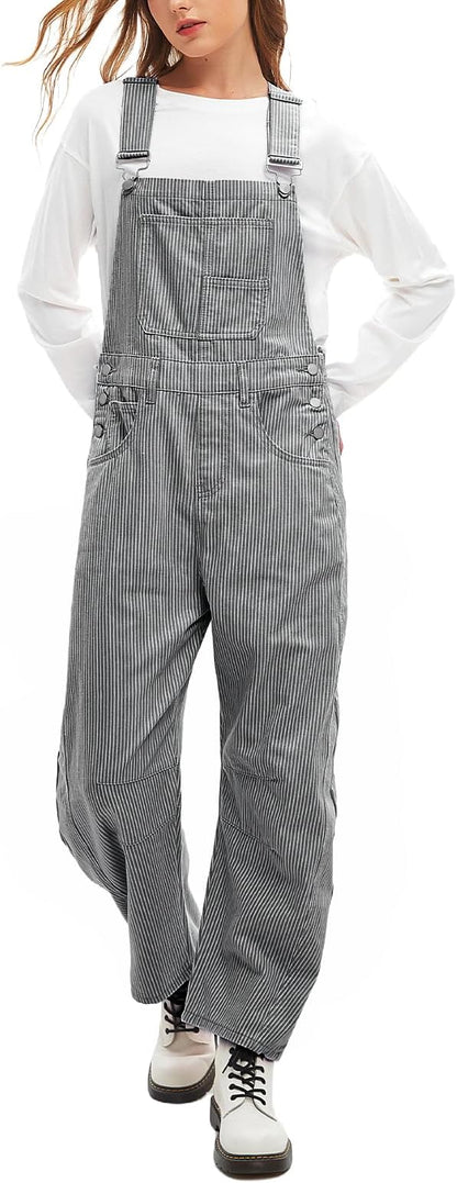 D-Sun Women's Striped Bib Overall Barrel Casual Tapered Overall Pants Wide Leg Adjustable Straps Stretch Jumpsuits