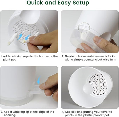 4 inch Self Watering Pots for Indoor Plants, 5 Pack Small Flower Plant Pots with Drainage Holes and Clear Reservoirs, Visible Water Level, Plastic Planters with Wicking Rope, White
