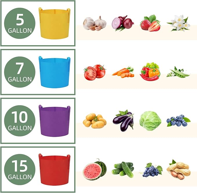 LITLANDSTAR 7 Pack Multicolor Grow Bags, Thickened Nonwoven Plant Fabric Pots with 4 Colors and 4 Sizes - 5/7/10/15 Gallon Aeration Planting Bags for Potato Tomato Carrot Strawberry