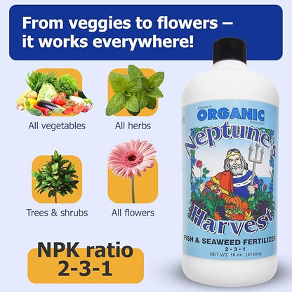 Neptune's Harvest Fish & Seaweed Liquid Fertilizer (2-3-1) - 18oz Pint - Plant Food for Garden - Indoor & Outdoor Organic Plant Fertilizer for Vegetables, Flowers, Fruit, Trees & Lawns