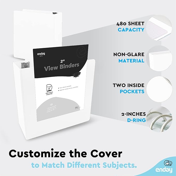 2 Inch 3 Ring Binder 2” White, Slant D-Ring 2 in Binder Clear View Cover with 2 Inside Pockets, Heavy Duty Colored School Supplies Office and Home Binders – by Enday