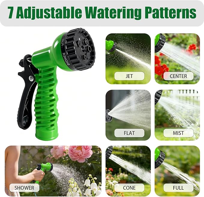 100FT Kink-Free EVA Coil Garden Hose, 3/4'' Brass Connector Expandable Self Coiling Water Hose with 7 Patterns Spray Nozzle for Lawn, Greenhouse, Patio, Boat, Car Wash