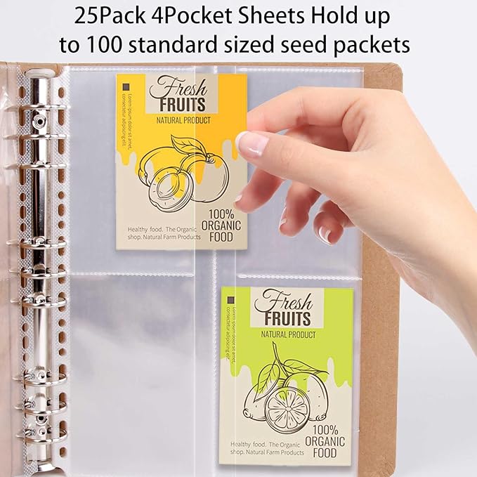 PABCK 100 Pockets Kraft Paper Binder Sheet Garden Seeds Packet Storage Book 4 Side Loading (Slot Size 3.62x5.19 inch) Plastic Clear 25 Sheet Protector Seed Envelopes Organizer Photo Album Card Sleeves