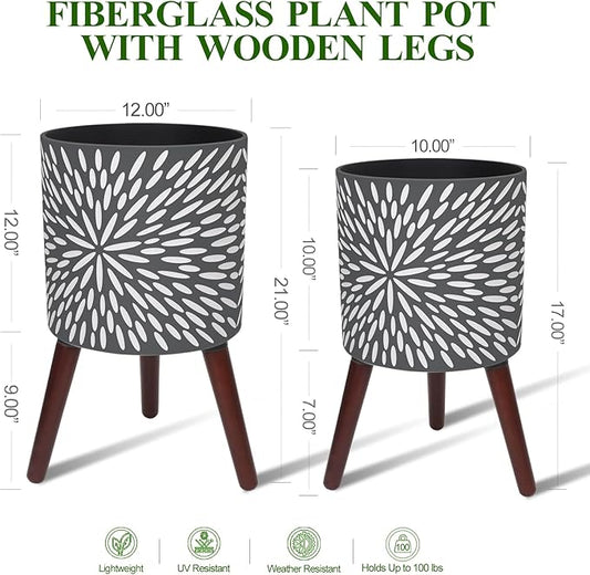 10 & 12 Inches Plant Pot with Stand Set of 2, Large Matte Gray Modern Planters for Indoor Outdoor Plants with Drainage Holes, Big Flower Pots with Wood Legs
