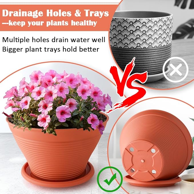 8 Pack 8 Inch Plant Pots with Saucers, Plastic Flower Pots with Drainage Holes, Large Planters for Indoor Outdoor Garden, House Plants, Flowers, Herbs, Gardening Gifts, Pottery Red