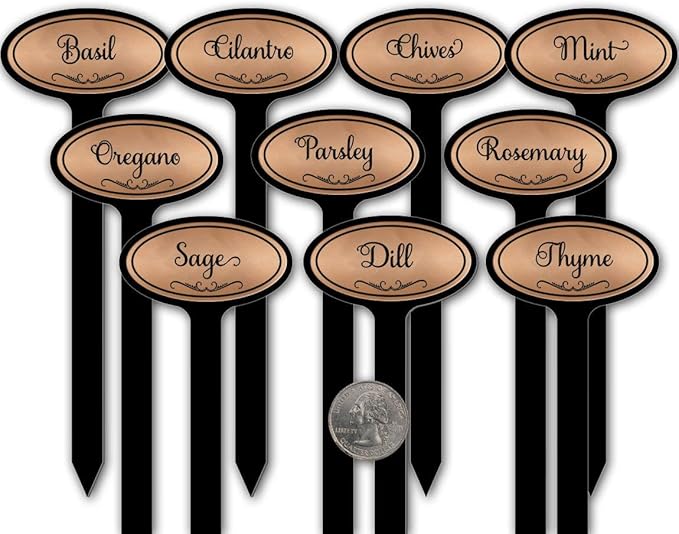 Oval Top 8in Engraved Flexibrass Acrylic Herb Garden Stakes Plant Markers (10 Pack, Copper)