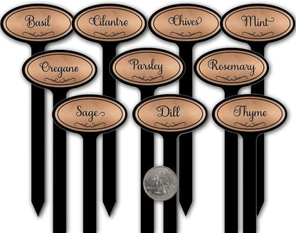Oval Top 8in Engraved Flexibrass Acrylic Herb Garden Stakes Plant Markers (10 Pack, Copper)