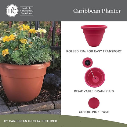 The HC Companies 12 Inch Caribbean Planter Pots with Drainage & Plug, Rolled Rim Plastic Planters for Indoor & Outdoor Plants, 2-Pack Decorative Flower Pots for Garden, Office & Home Decor, Pink Rose