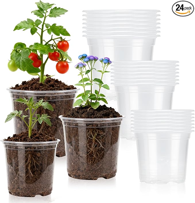 Clear Nursery Pots, 4/5/6 Inch Transparent Plastic Plant Pots with Drainage Holes, Variety Pack Seed Starting Pots, Clear Flower Pots for Indoor Outdoor Plants, 24 Packs