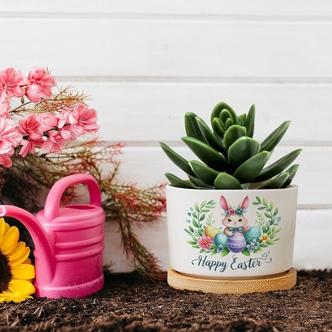 DreamAutumn Easter Bunny Rabbit Ceramic Planters Ceramic Pots with Saucers Orchid Pots for Plants Succulents Pots Office Desk Garden Balconys New Home Decor,Gifts for Mom Mother Grandmother