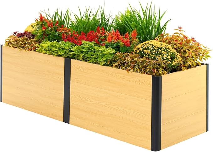 Vego garden Woodgrain Series Raised Garden Bed, 26'' Tall 2' x 8' Wooden-Look Metal Planter Box Outdoor for Gardening Vegetables, Flowers, Herbs