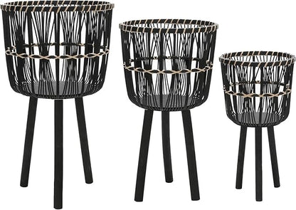 Set of 3 Woven Basket Decorative Planter Pot – Bamboo & Pine Wood Outdoor & Indoor Plant Pot – Modern Boho Garden and Home Decor Planters – 19", 23", & 26", Black