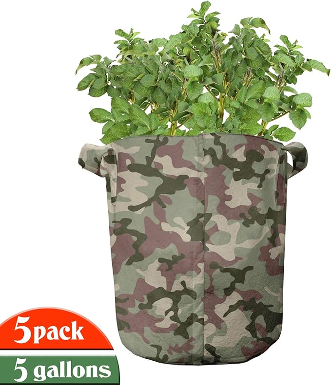 Ambesonne Ethnic Grow Bags 5-Pack, Boho Colorful Spring Garden, Heavyduty Fabric Pots with Handles for Plants, Navy Pink