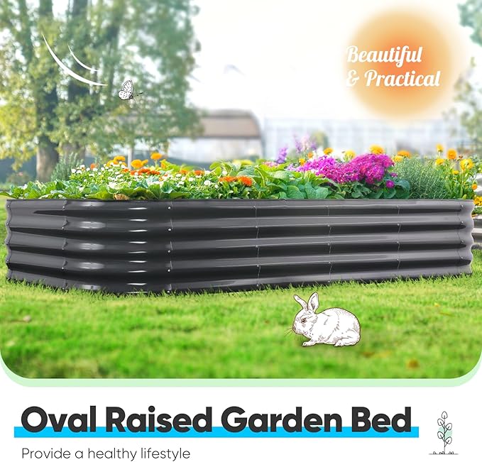 Quictent Galvanized Raised Garden Bed Kit, 6x3x1.5 ft Oval Metal Planter Box Tall for Vegetables Outdoor Backyard, Strengthened by Crossbar, Dark Gray