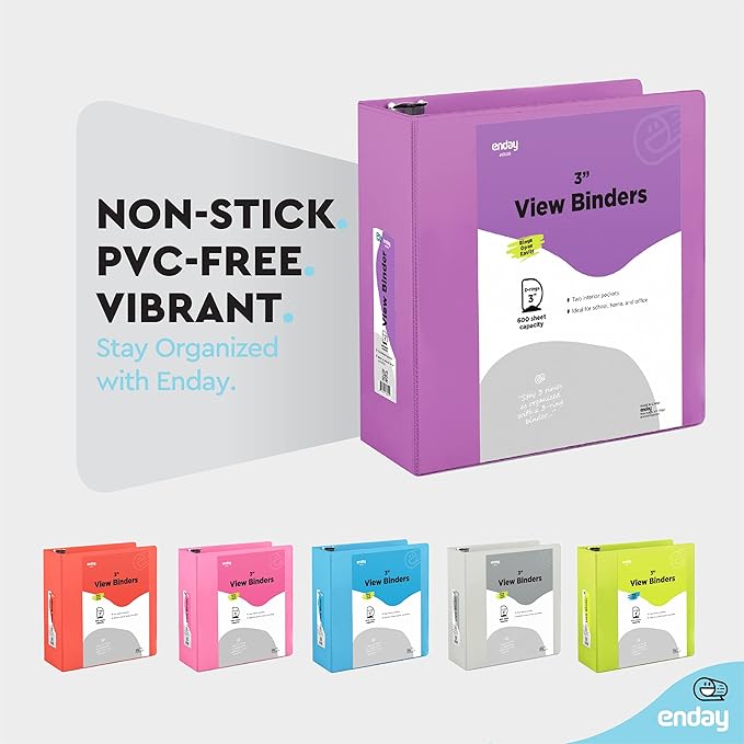 Enday 3 Inch Binder 3 Ring Binders Purple, Slant D-Ring 3” Clear View Cover with 2 Inside Pockets, Heavy Duty Colored School Supplies Office and Home Binders