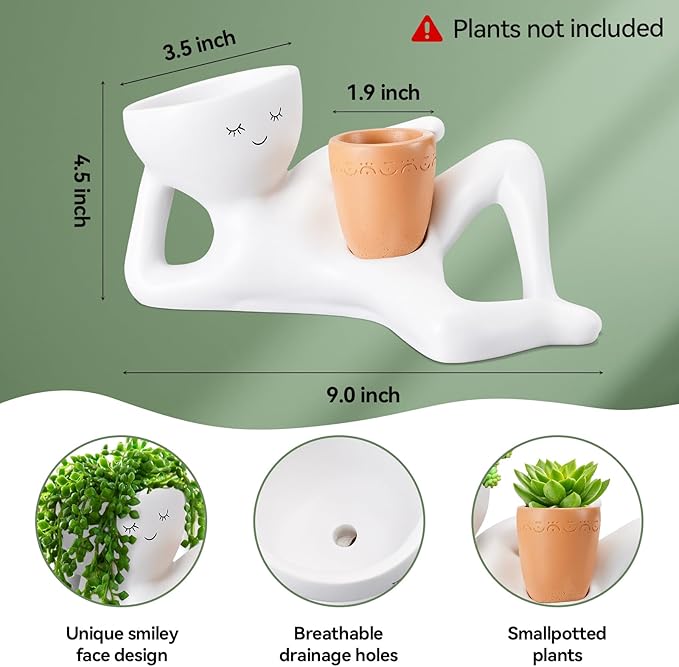 Face Planters Head, Funny Succulent Garden Pots,Cute Planters for Indoor Plants, Double Flower Pot with Drainage for Plant Lovers Gift (Yellow)