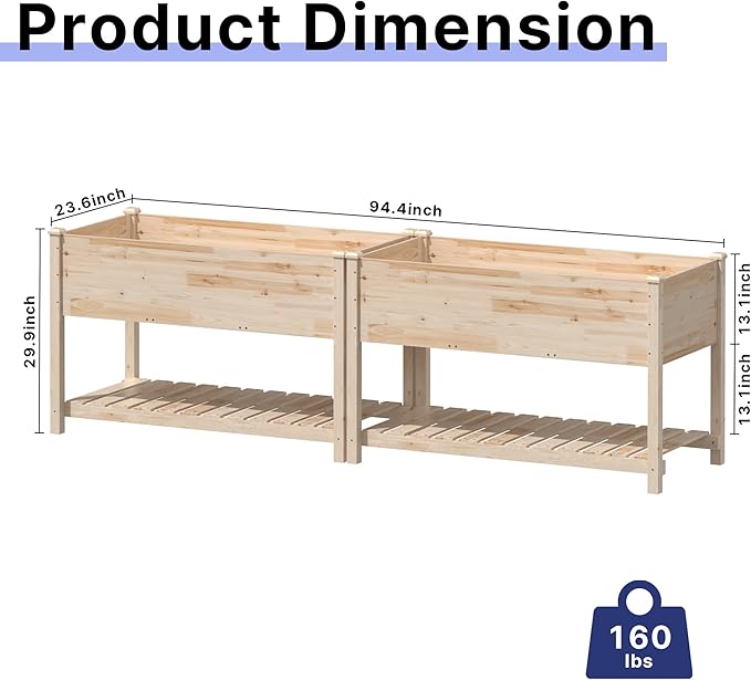 Gotland 2pcs Raised Garden Bed with Legs, Raised Beds for Gardening with Storage Shelf Bed Liner Drainage Holes, Wooden Planter Raised Beds, Raised Planter Box Backyard, Patio, Balcony, Natural