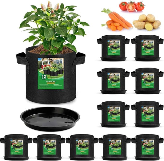 12 Sets 1 Gallon Grow Bags with Plant Saucers, Durable Fabric Plant Pots with Handles, Aeration Drainage Planter Bags for Planter, Reusable Garden Bags Drip Trays Set for Indoor Outdoor