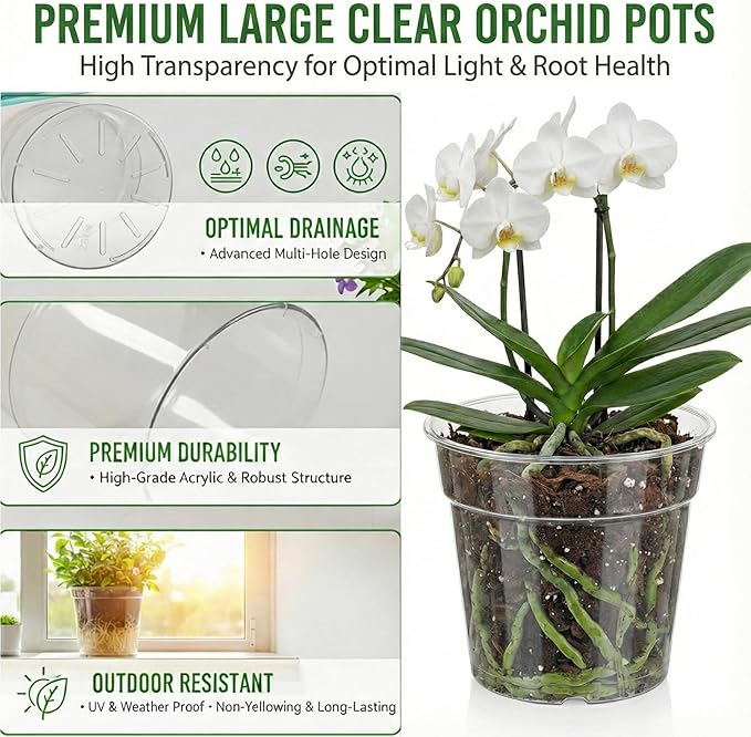 8/10 Inch Large Clear Nursery Pots with Drainage, 6 Pack Acrylic Plant Pots, 90% Light Transparency, Reusable for Flowers and Orchids, Indoor Outdoor Use, A Must-Have for Plant Lovers