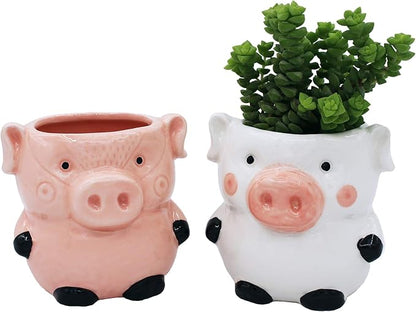 Cute Pig Planter Kitchen Pig Decor 2 Pack Ceramic Succulent Flower Pots with Drainage Hole, Office Décor