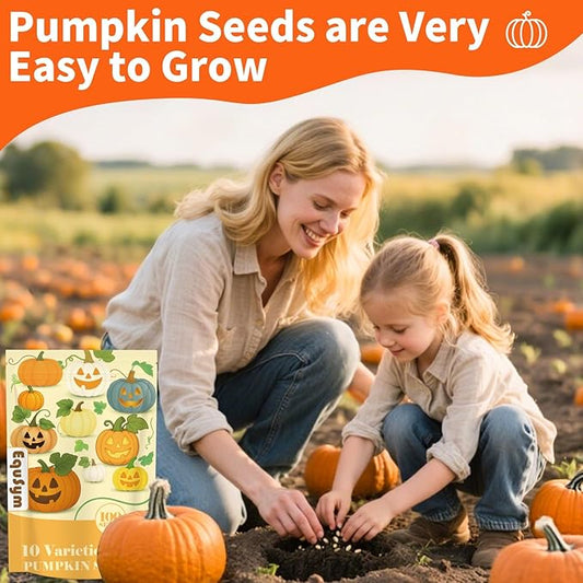 10 Variety Mix Pumpkin Seeds for Planting - 100 Heirloom Seeds, Baby Boo, Blue Jarrahdale, Jack Be Little, Jack O Lantern, Sugar Pie, Yellow Paris for Summer & Fall, Non GMO Pumpkin Seed