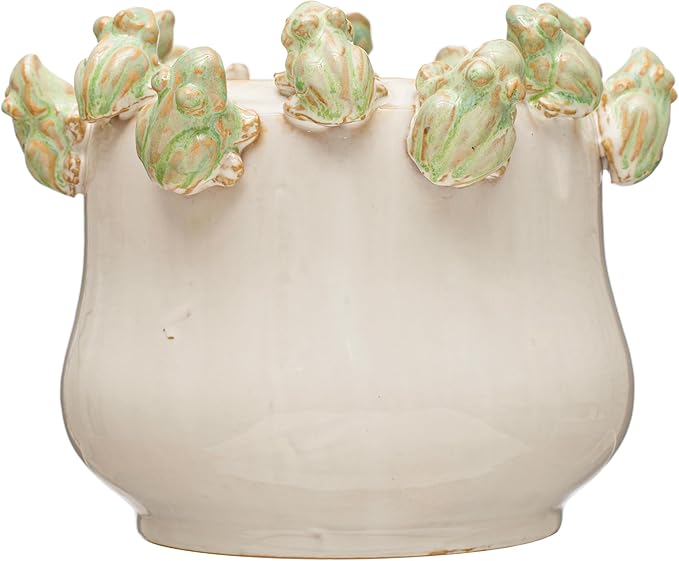 Creative Co-Op Stoneware Planter with Frogs on Rim and Reactive Glaze, Green and White